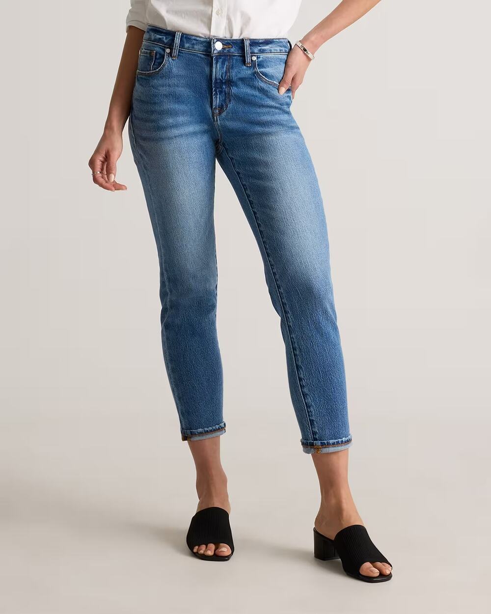QUINCE Luna Stretch Slim Boyfriend Jeans Atlantic Blue Size 28 Midrise Organic